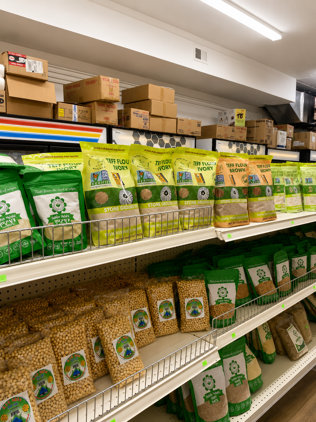 Bulk flour and grains display with teff flour