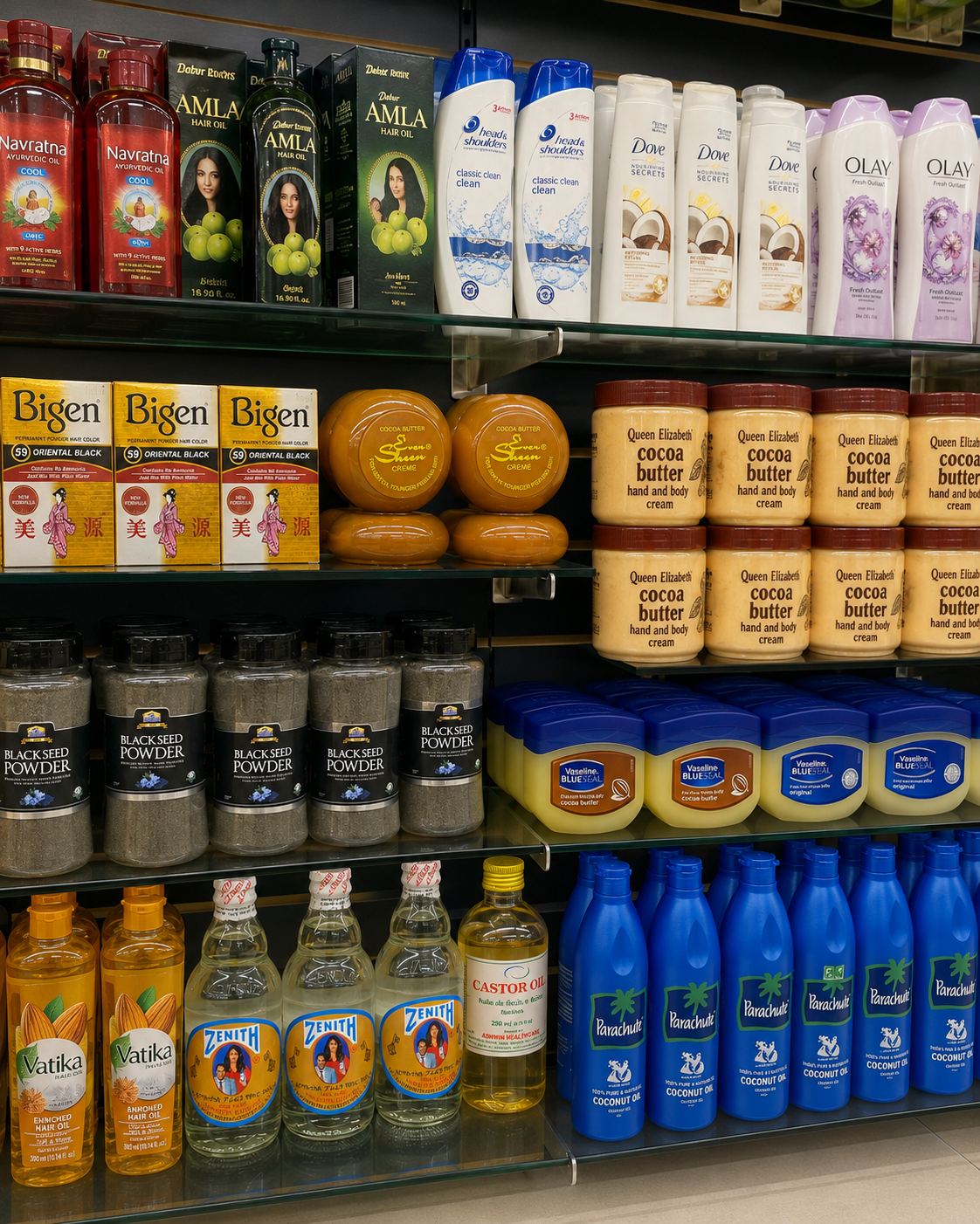 Cosmetics product shelves with hair care and skincare